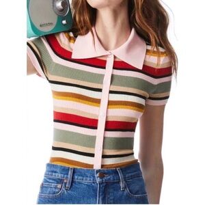 Alice Olivia Colleen Striped Button-Down Polo Shirt